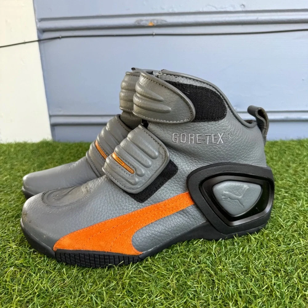 Puma Flat2 GTX V2 Moto Boots Grey Leather Mens 7.5 Womens 9 US Waterproof Racing
